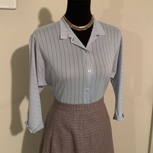 Vintage 1950s pale blue, striped, button front blouse, slightly sheer